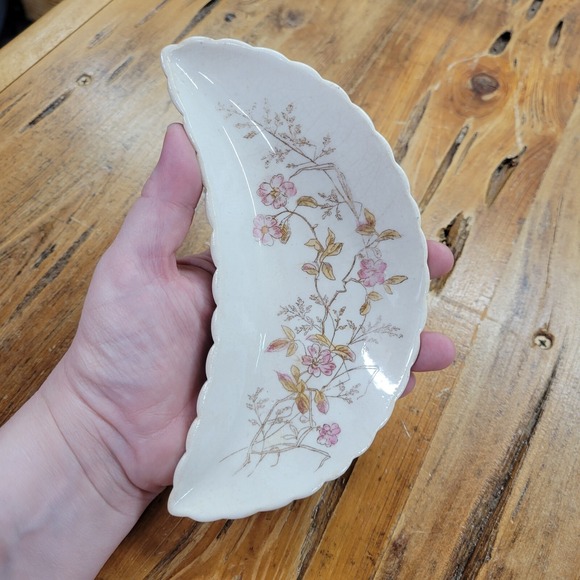 Antique Wheelock China Store Crescent Shape Bone Trinket Jewelry Dish Floral USA - Picture 2 of 9